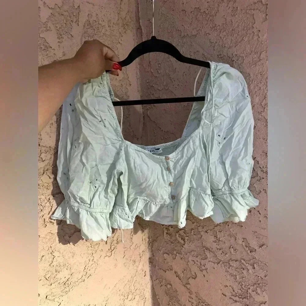 Zara Embroidered Eyelet Blouse Puff Sleeve Top Mint Size XS